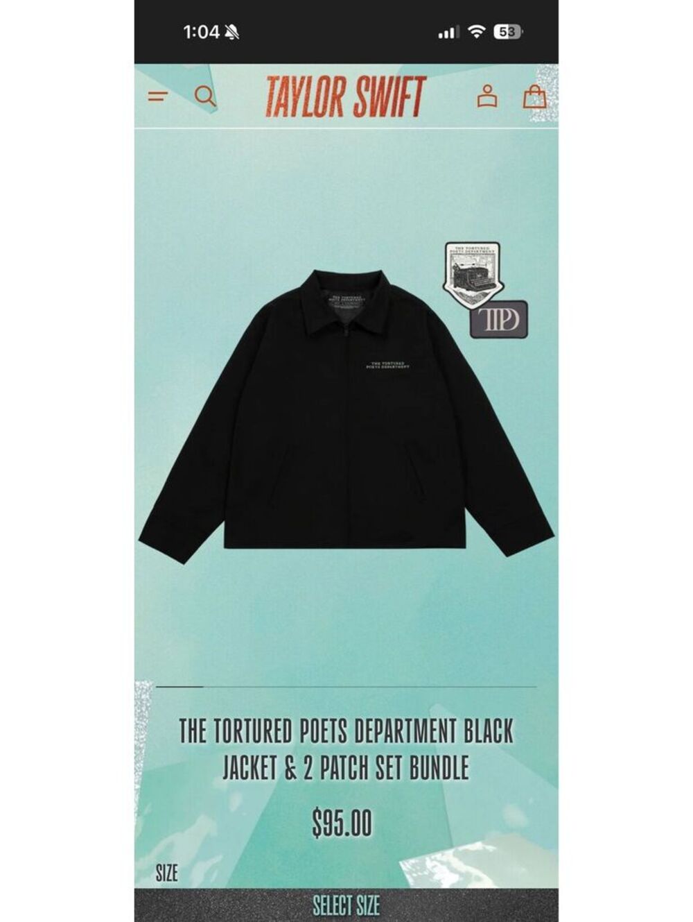 Taylor Swift TTPD Black Jacket + 2 Patch Set – Official Merch Size L